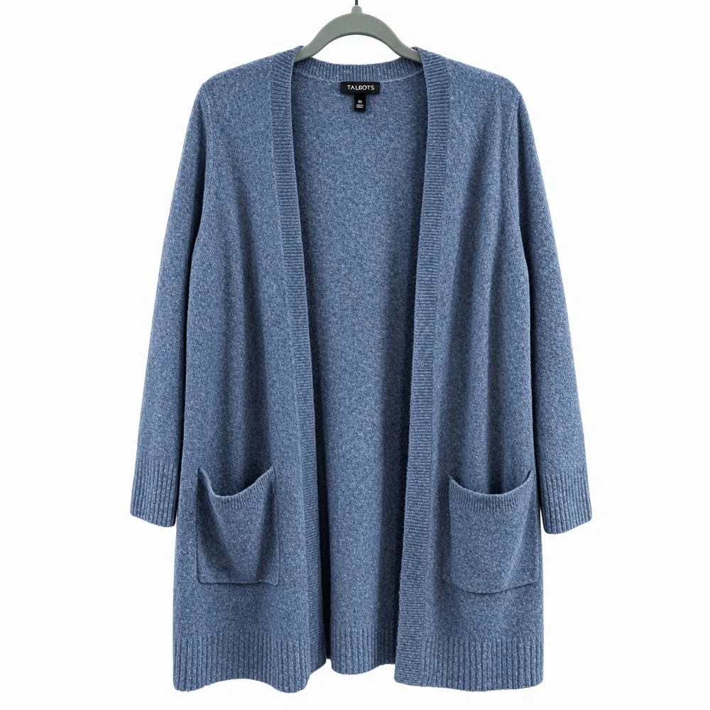 Talbots Blue Long Open Front Cardigan Sweater Wool Alpaca Blend Size M